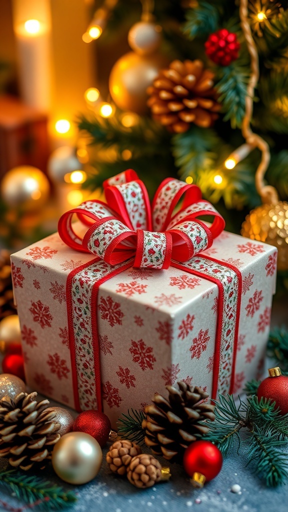 A festive Christmas gift box with a ribbon, surrounded by holiday decorations.
